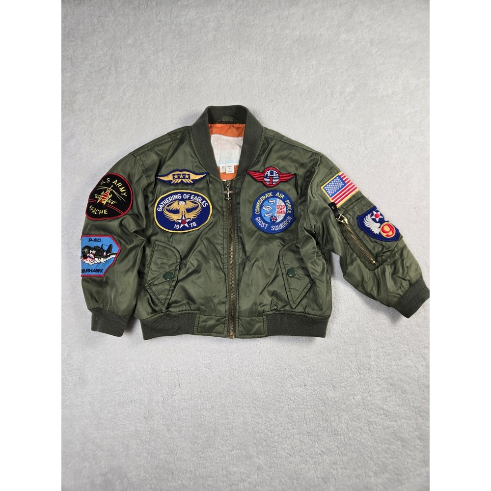 Kids 4T Flight Bomber Jacket Olive Green Military Patches Aviator Top Gun